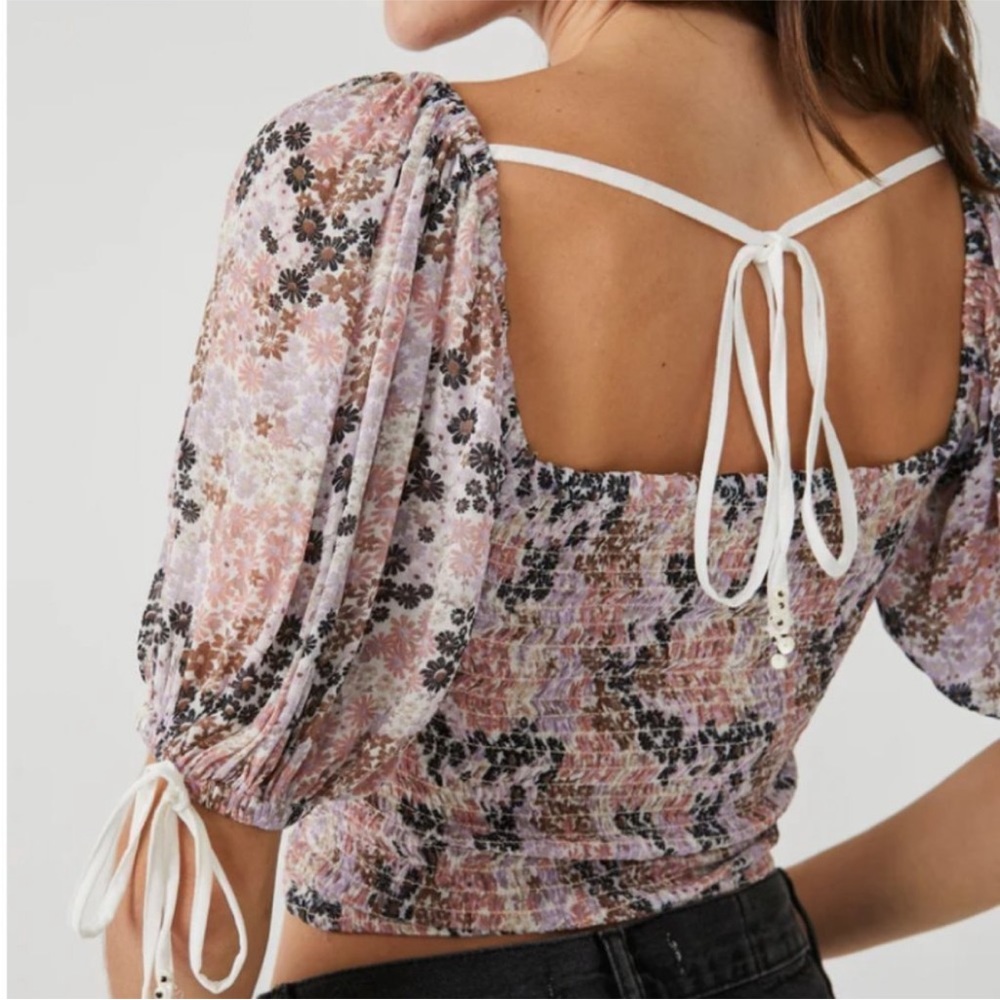 Free People Smocked Square Neck Crop Top in Pastel Floral Print - Picture 2 of 15
